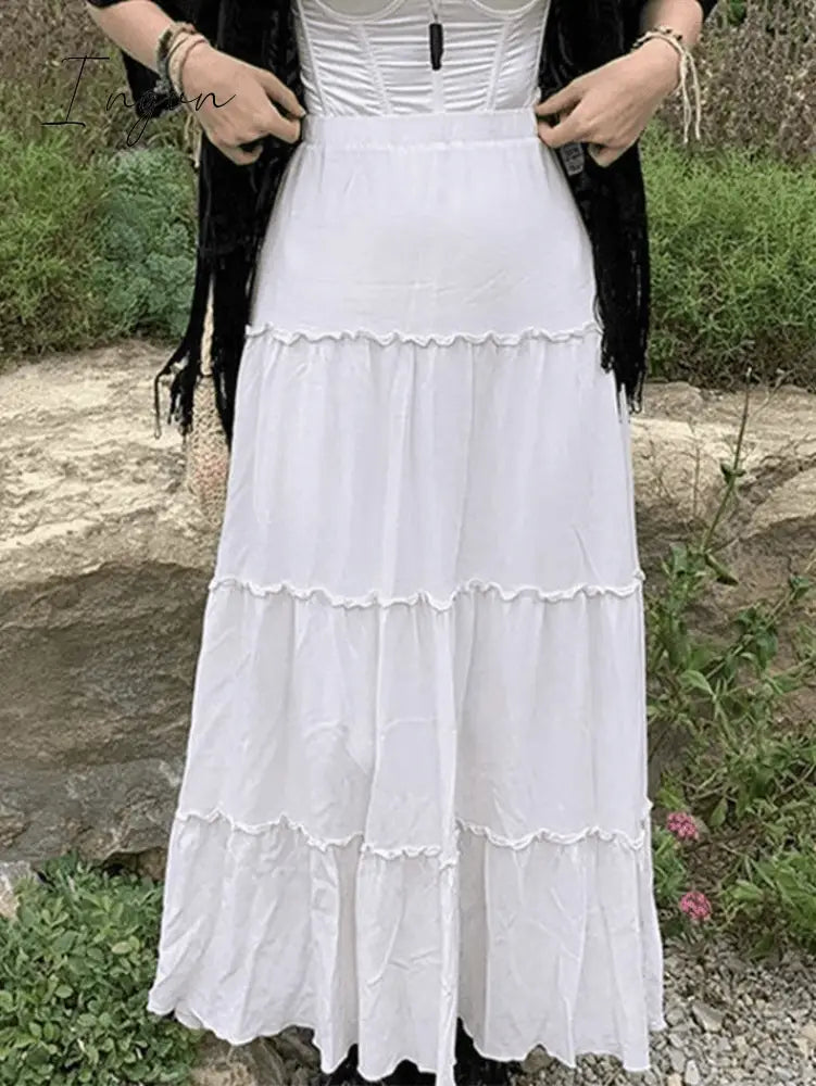 Ingvn - Solid Color Tiered Midi Skirt