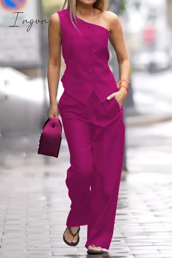 Ingvn - Elegant Solid Pocket Oblique Collar Sleeveless Two Pieces