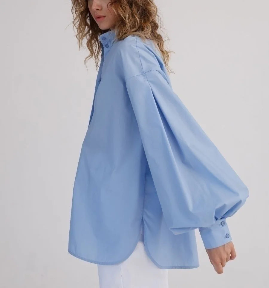 Ingvn  Loose O-neck Women Stylish Shirts Spring Summer Lantern Sleeve Single-breasted Female 100% Cotton Blouse Ladies Tops