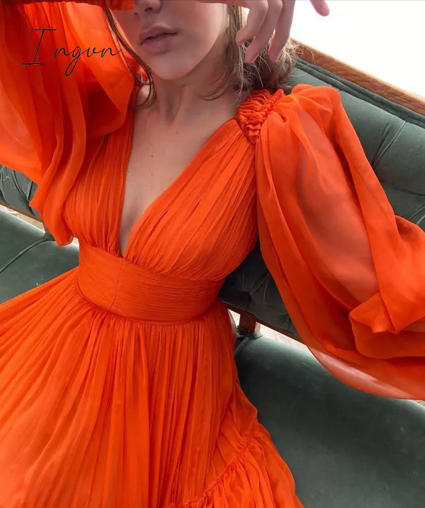 Ingvn - Long Puff Sleeves Prom Dresses V-Neck Pleats Chiffon Princess Evening Gowns Women Party Dress Plus Size Spring Autumn Dresses for Women
