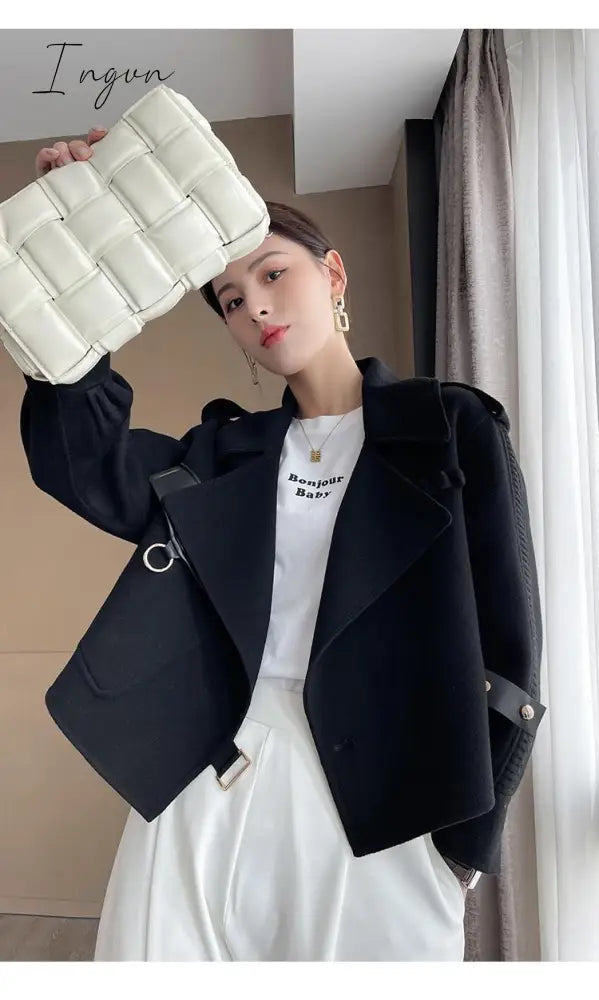 Ingvn - Women's Autumn Coat Pockets Solid Loose Short Jackets Ladies Wool &amp; Blends High Street Spring Woolen Coats for Women