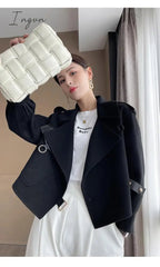 Ingvn - Women's Autumn Coat Pockets Solid Loose Short Jackets Ladies Wool &amp; Blends High Street Spring Woolen Coats for Women