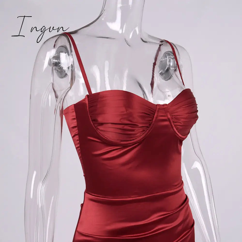 Ingvn - High Side Split Satin Dresses Women Spring Sexy Sleeveless Backless Party Outfit Solid Bodycon Black Evening Dress