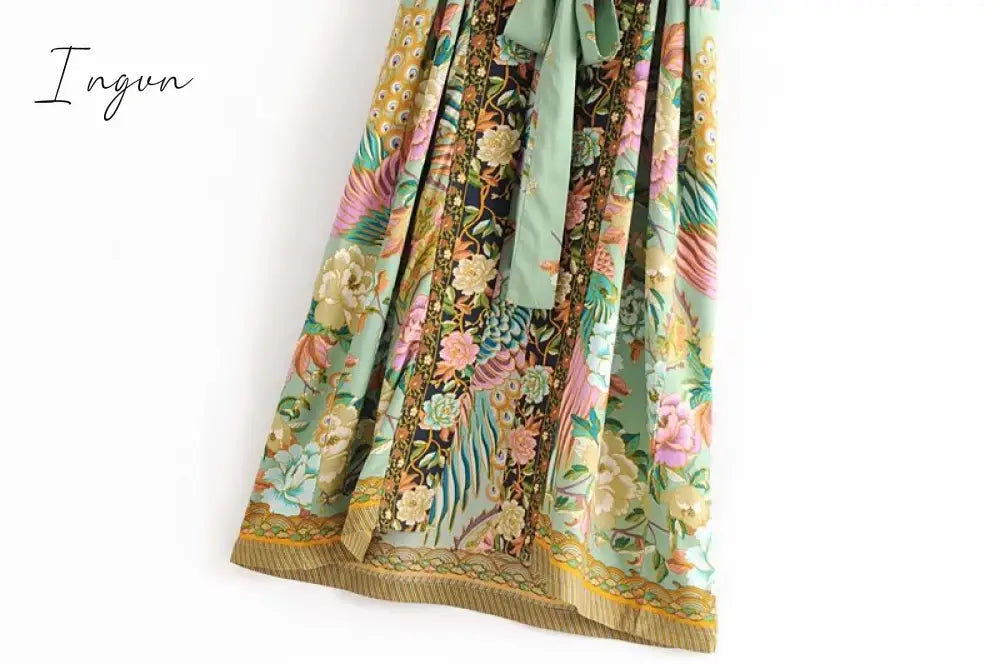 Ingvn - women peacock floral print bat sleeve beach Bohemian Kimono robe Ladies V neck Tassel Summer happie dress vestidos