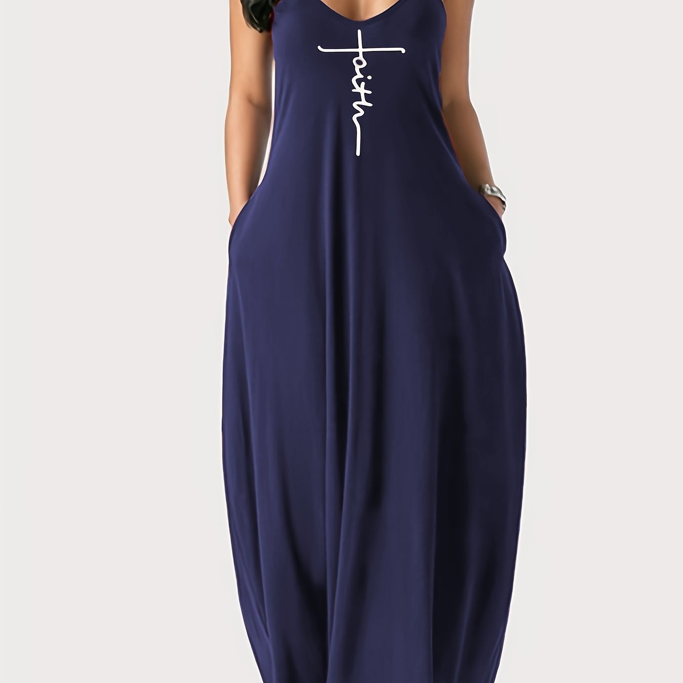 Faith Print Backless Spaghetti Strap Dress - Stylish V Neck Loose Fit for Women - Versatile Casual Summer Wear