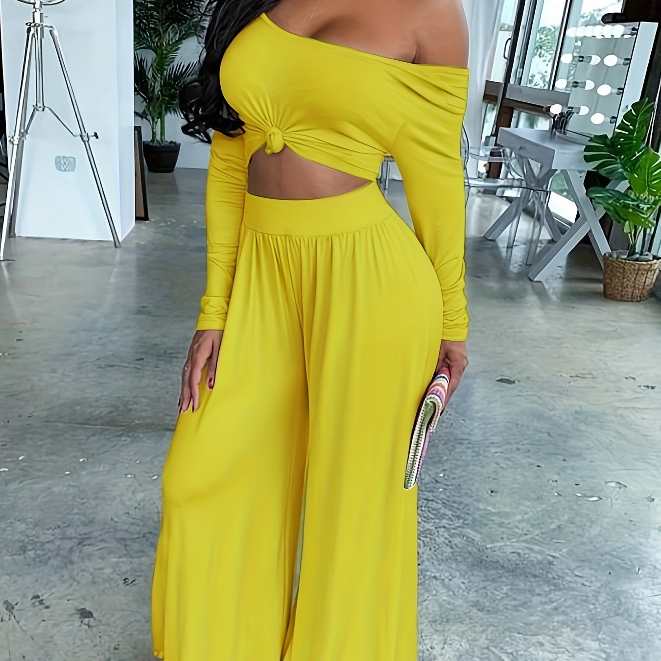 Long Sleeve Two-piece Set, Casual Solid Crop Top & Wide Leg Pants Outfits, Women's Clothing