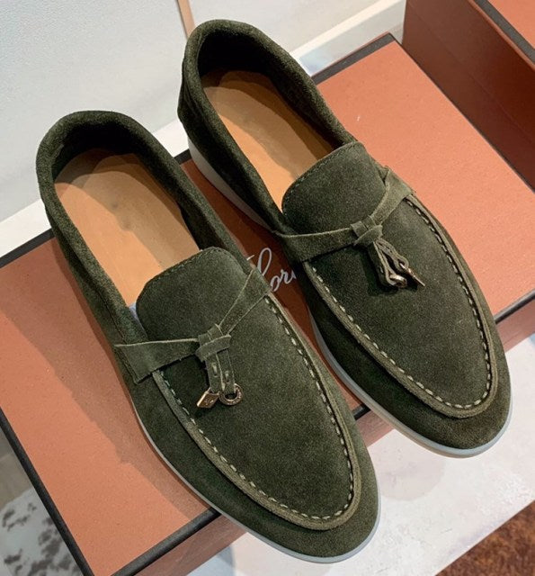 Trend New Kidsuede Women Flat Shoes Lazy Slip-on Metal Loafers Lady Casual Walk Shoes Woman Single Shoes Summer Real Leather
