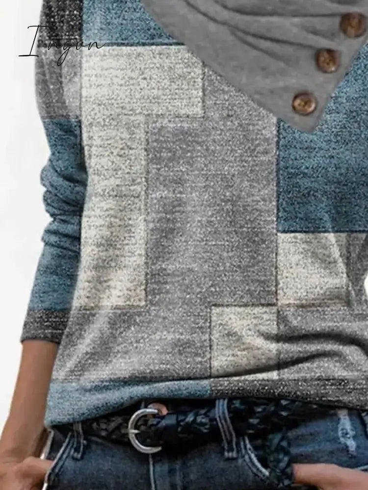 Ingvn - Women's T shirt Tee Red Navy Blue Blue Geometric Abstract Button Print Long Sleeve Casual Weekend Basic Pile Neck V Neck Geometric Painting