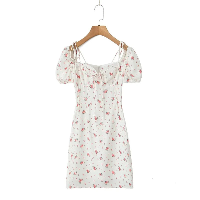 Sexy Elegant Women French Style Floral Print Dress Vintage Puff Sleeve Female Summer Holiday Party Dresses Slim Mini Robe