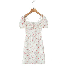Sexy Elegant Women French Style Floral Print Dress Vintage Puff Sleeve Female Summer Holiday Party Dresses Slim Mini Robe