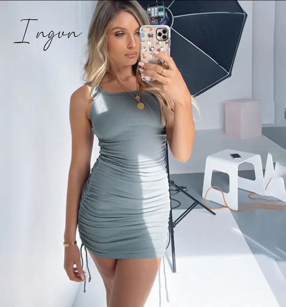 Ingvn - Cotton Ruched Drawstring Sexy Party Dress Women Sleeveless Elastic Mini Dress Vintage Summer Bodycon Club Wear Vestidos