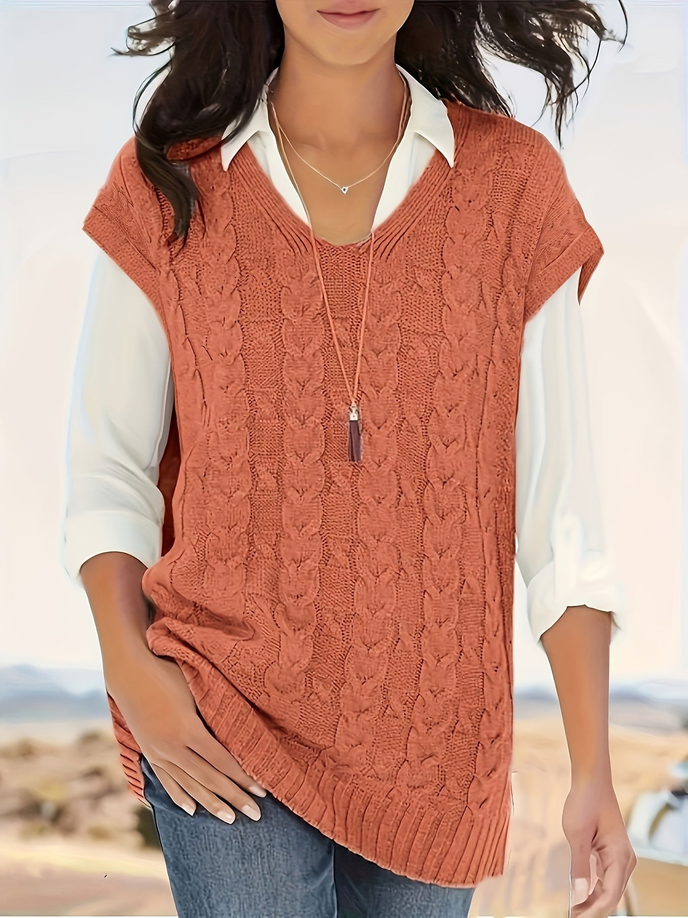 Women's All-Season Rib-Knit V-Neck Vest - Durable, Micro-Elastic & Versatile Casual Sweater