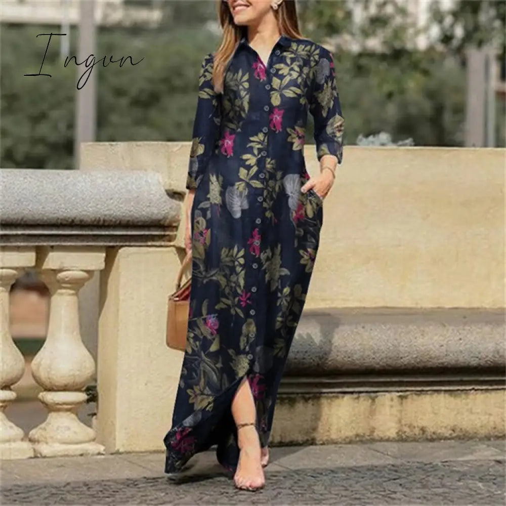 Ingvn - Fall Outfits Autumn Vintage Floral Printed Cotton Dress Women Casual Lapel Collar Button Up Dresses Bohemian Vestidos Long Robe