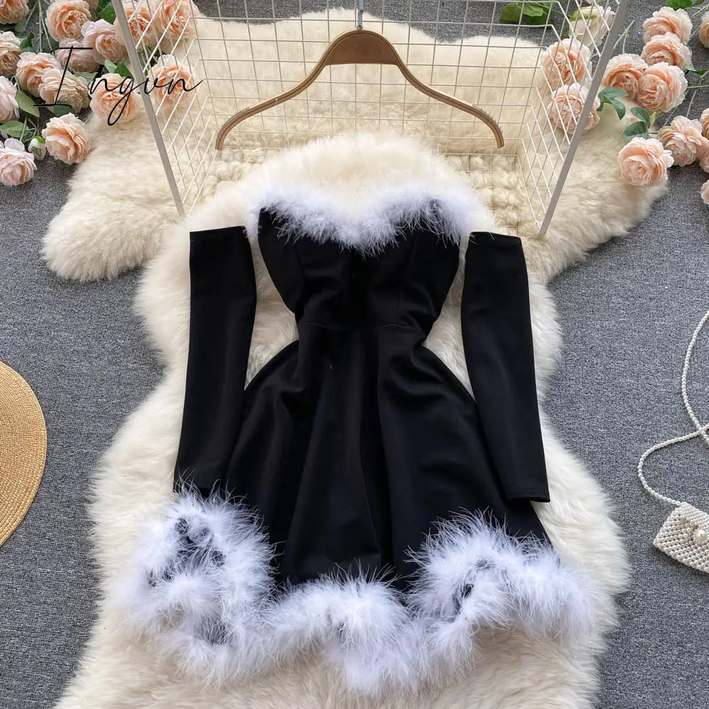 Ingvn - Gifts For Women Elegant Dress For New Year Strapless Backless Furry Sexy Short Mini Christmas Dress Navidad Red Party Dress Femme