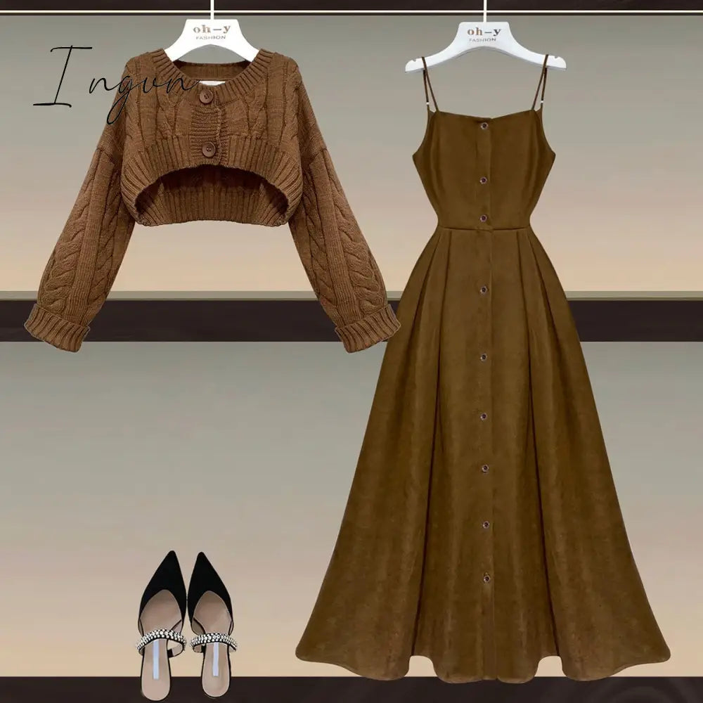 Ingvn - Fall Winter Two Piece Sets Women Outfits Korean Casual Long Sleeve Twist Knitted Short Sweater And Straped High Waist Dress Sets