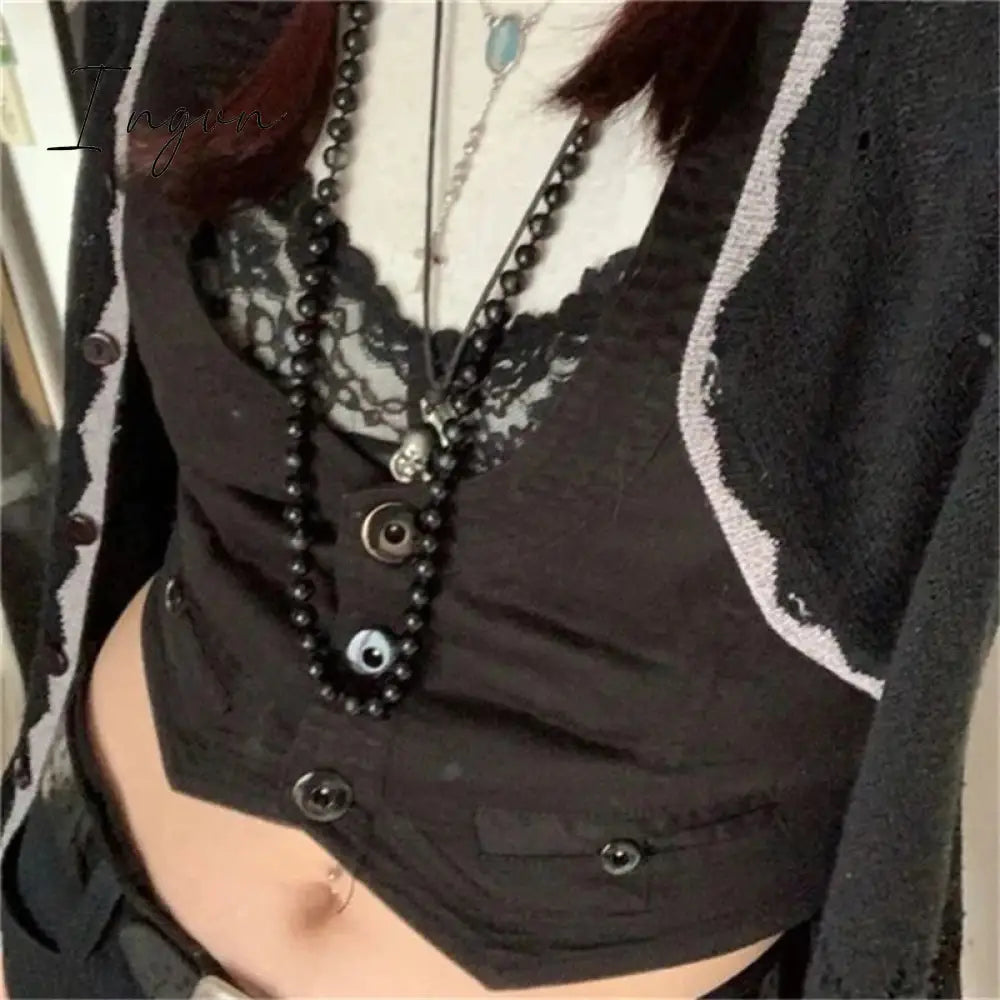 Ingvn - y2k Button Corset Top Black Sleeveless Tank Tops Skinny V Neck Aesthetic Punk Crop Top Grunge Fairycore Women Vests