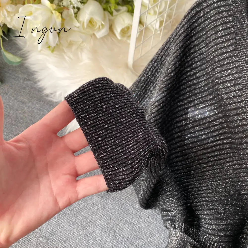 Ingvn - Women Shiny Knitted Dress Sexy V Neck Puff Sleeve Elastic Sheath Knitting Dress Autumn Solid Bow Sashes Pencil Dress