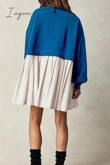 Ingvn - Casual Solid Patchwork Contrast O Neck Pleated Dresses