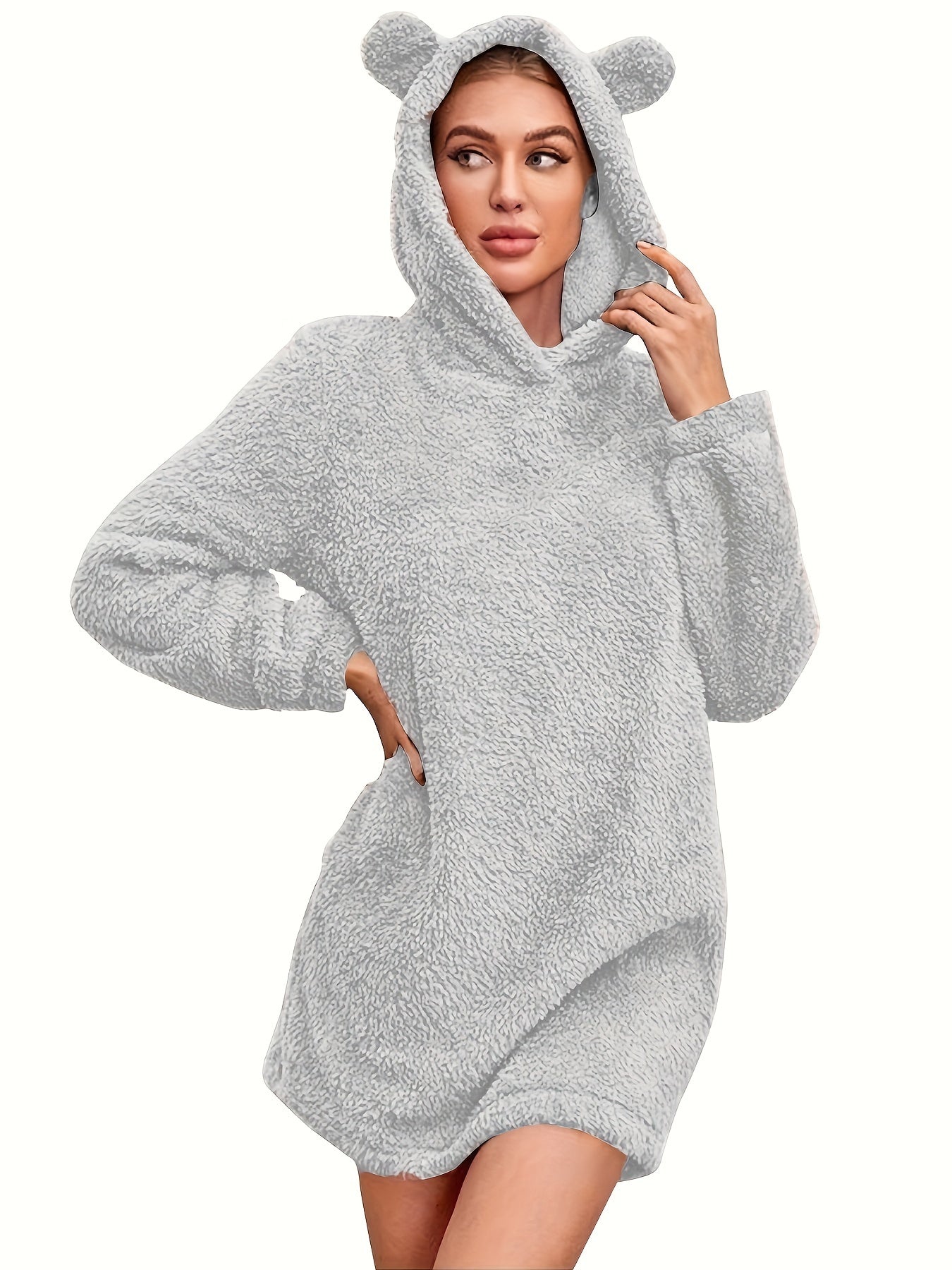 Cozy Fuzzy Solid Color Loose Fit Hooded Dress - Women's Casual Long Sleeve Dresses for Fall & Winter - Soft, Warm, and Comfortable Clothing for Everyday Wear