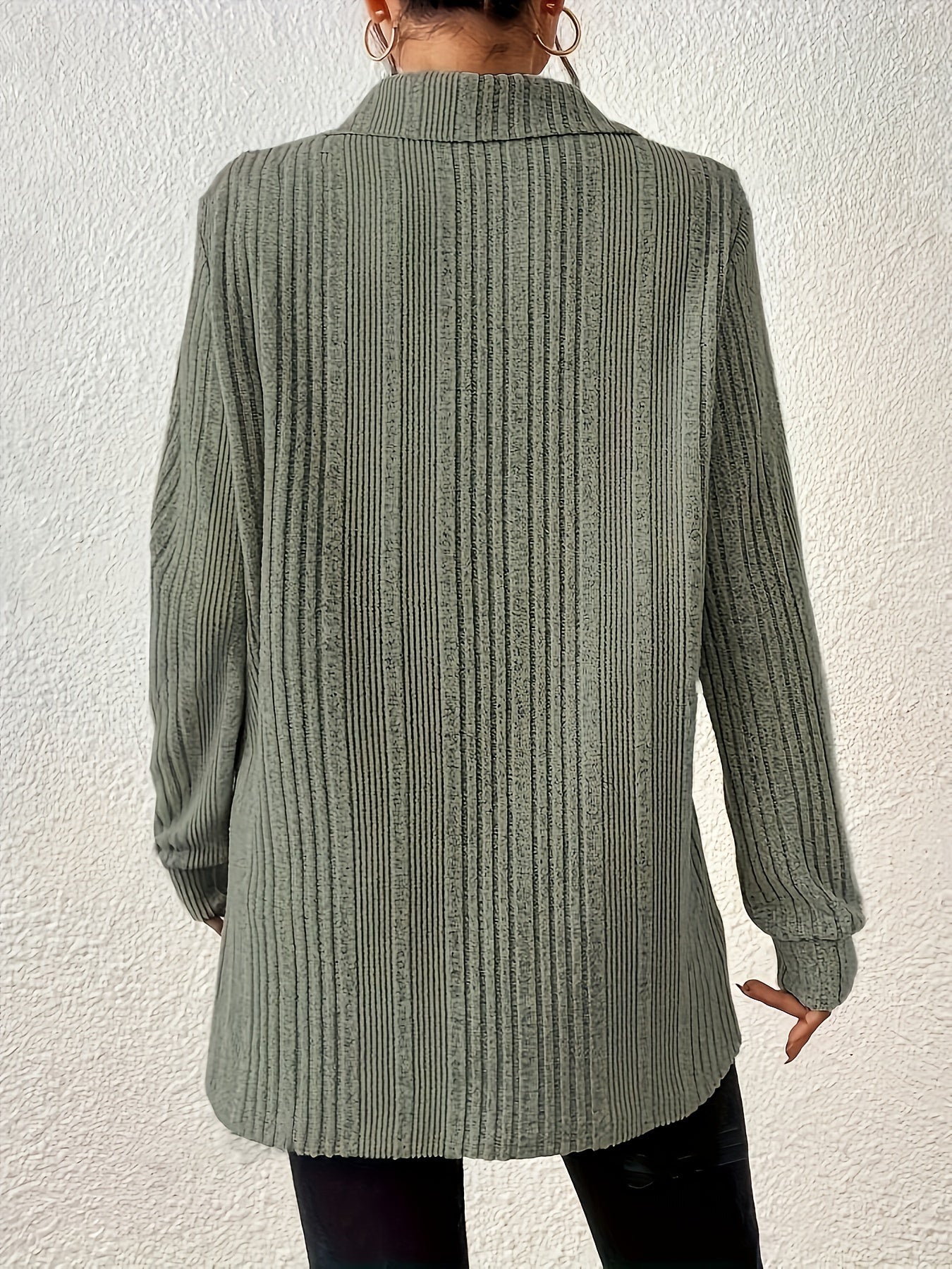 1pc Elegant Solid Color Ribbed Knit V-Neck T-Shirt, Long Sleeve Polyester Top for Women, Spring/Fall Casual Wear