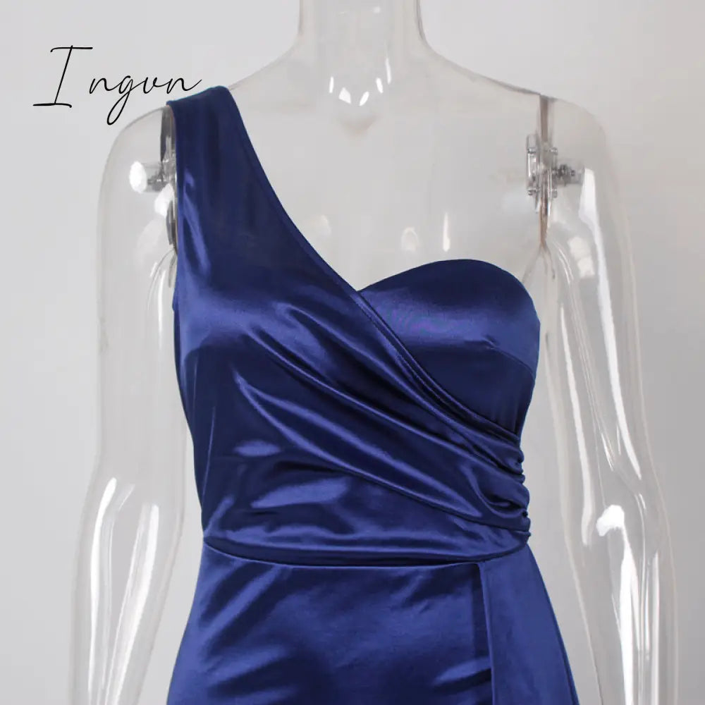 Ingvn - One Shoulder Padded Sexy Satin Maxi Dress Women's Evening Party Dress Gown with Ribbon Royal Blue Green Draped Long Dress