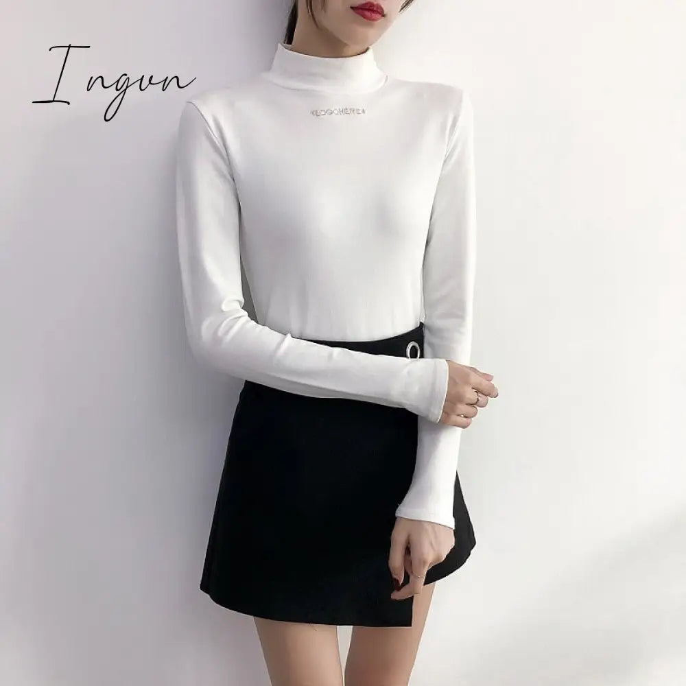 Ingvn - harajuku Solid Bottoming t Shirt Women Spring Autumn Tee Shirts Korean Turtleneck Slim Long Sleeve Black White T-shirts 90s tops