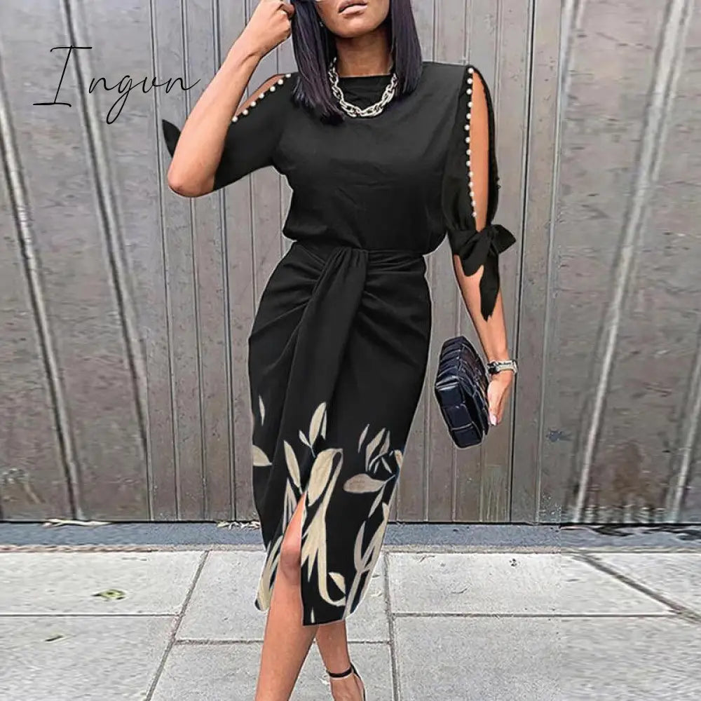 Ingvn - Vintage Print Elegant Women Folds Slim Dress Casual Hollow Out Patchwork Half Sleeve Dress Female Summer Round Neck Party Dress