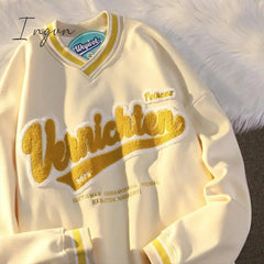 Ingvn - Valentine's Day gift for women Fashion American retro letter embroidery sweatshirt women Harajuku V-neck new plus size hoodies Y2K loose couple long-sleeved shirt