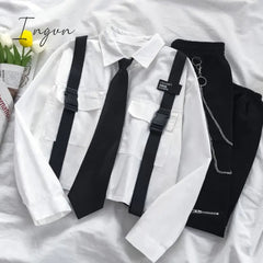 Ingvn - Spring Outfits 2023 Trends Harajuku Women Shirts And Blouses Feminine Tie Pocket Top Casual White Turn-down Collar OL Style Female Blouses Streetwear