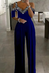 Ingvn - Casual Patchwork Print Hollowed Out V Neck Regular Jumpsuits