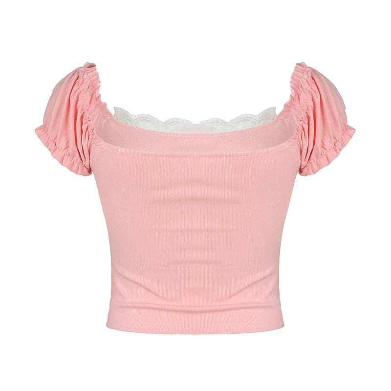 Sweet Coquette Crop Top Lace Patchwork Square Collar Skinny Pink T Shirts Women Vintage 2000s Puff Sleeve Tees Kawaii y2k