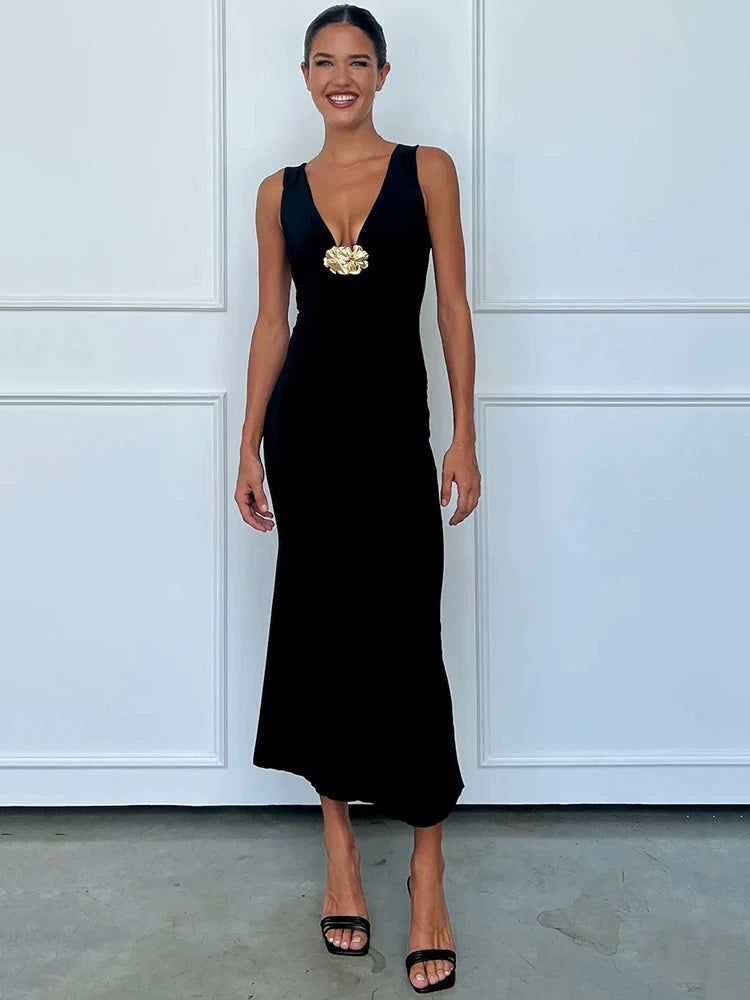 Elegant Deep V Neck Front Gold Clasp Sexy Maxi Dress For Women Black Gown Sleeveless Slim Fit Long Tank Dress Elegant