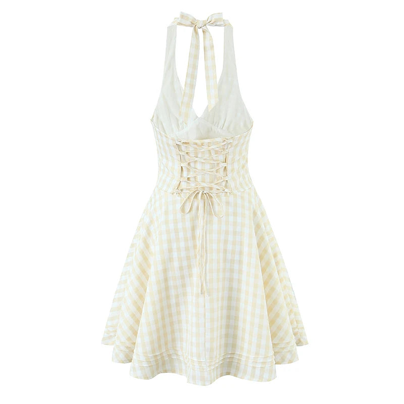 Sexy Backless Halter Mini Plaid Dress Women Deep V  Lacing Up Bandage Back A-line  Holiday Summer Dresses Short Robe