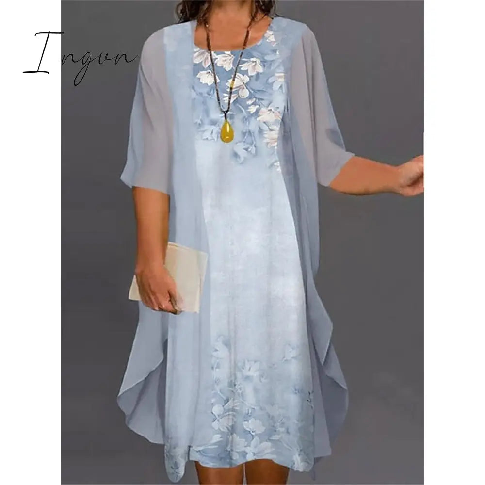 Ingvn - Women's Plus Size Curve Two Piece Dress Floral Round Neck Print 3 4 Length Sleeve Spring Summer Casual Knee Length Dress Casual Daily Dress