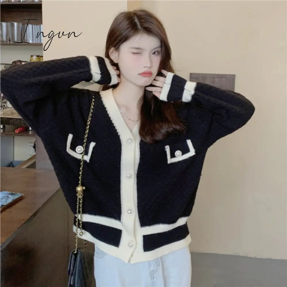 Ingvn - 2023 Korean Fashion Chic Vintage Sweater Retro Casual Lazy Sweaters For Women Knitted V-Neck Cardigans Elegant Tops Outwear