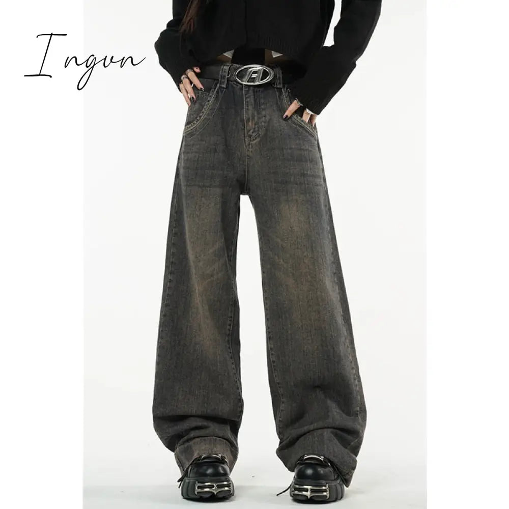 Ingvn - Winter Vintage Dark Blue High Waist Women Jeans American Fashion Streetwear Wide Leg Denim Trouser Straight Baggy Denim Pants
