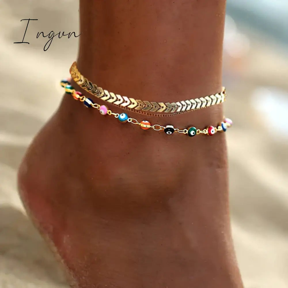 Bohemian Colorful Turkish Eyes Anklets for Women Butterfly Flower Zircon Shell Cat Ankle Bracelet Summer Beach Foot Leg Jewelry