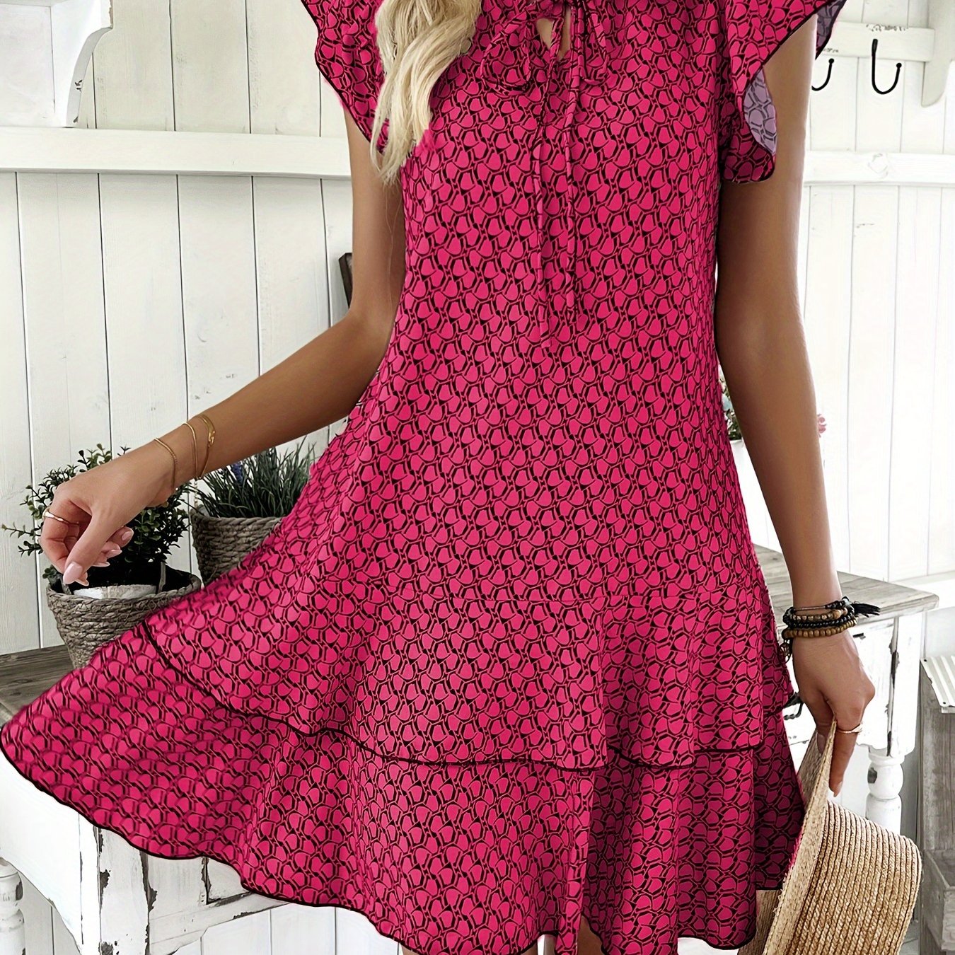 Elegant Ruffled Tie Neck Dress - Women's Spring & Summer Layered Dresses with Allover Print - Perfect for Elegant Dressing Occasions