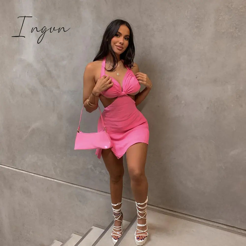 Ingvn - Halter Hollow Out Dress Women Bandage Slim Strapless Bodycon Dress Sexy Mini Backless Summer Party Dresses