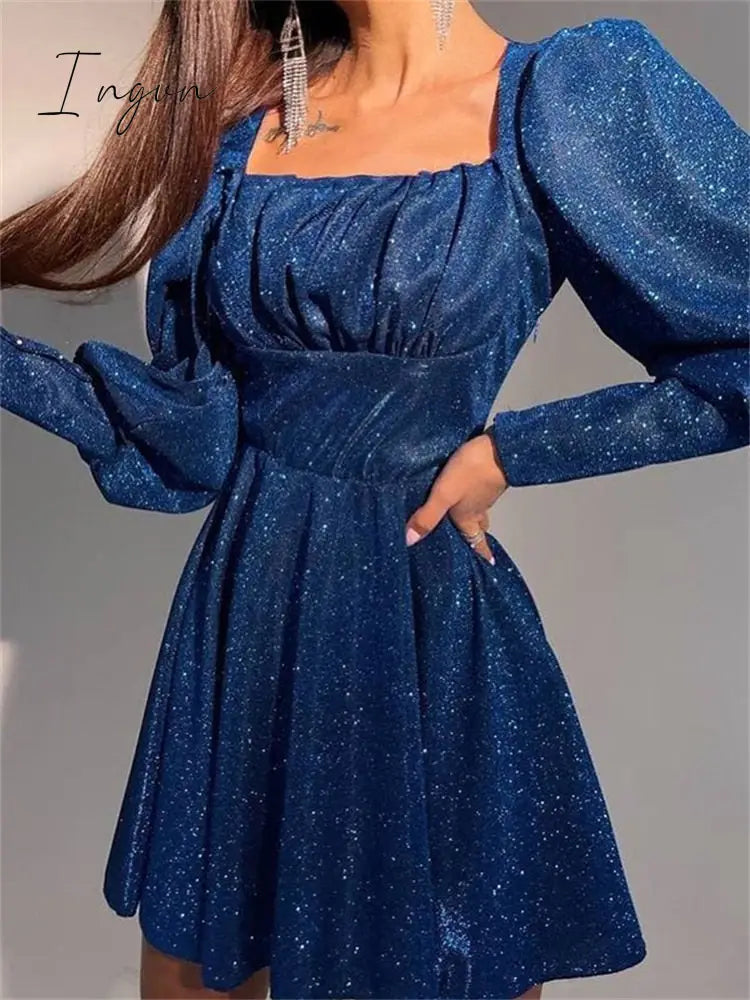Ingvn - Forefair Loose Party Club A Line Long Sleeve Women Mini Dress Spring Summer Casual Shining Glitter Women's Girls Dresses