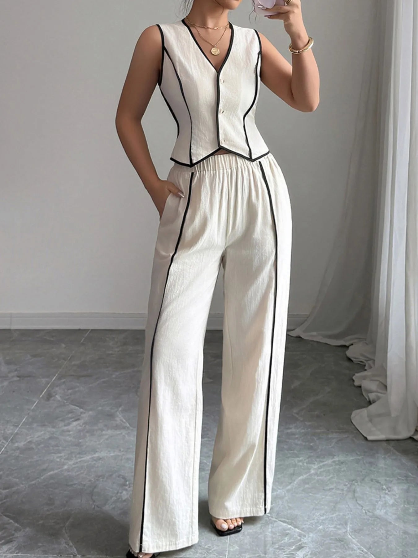 Contrast Trim V-Neck Vest and Pants Set