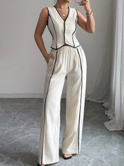 Contrast Trim V-Neck Vest and Pants Set