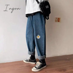 Ingvn - Korean Loose Daisy Jeans Women Fashion New High Waist Straight Denim Pants Maxi Wide-leg Cropped Trousers Female S-5XL
