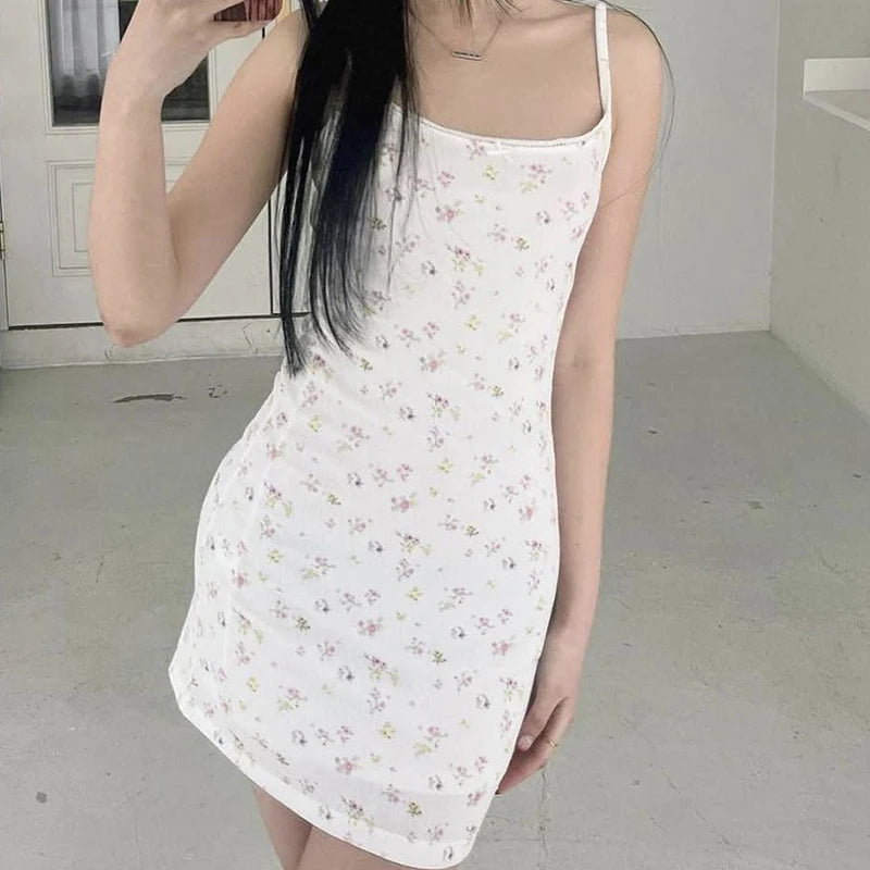 Sweet Girls Floral Print Sexy Spaghetti Straps Dress Women O Neck Bodycon Summer Mini Dreses Holiday Robe