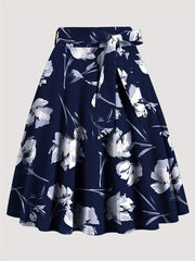 Floral Print High Waist Skirt, Elegant Belted Flared Midi Skirt, Women's Clothing