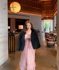 Ingvn - French Vintage Midi Dress Women Puffer Sleeve Square Collor Office Elegant Dress Female Spring Dot One Piece Dress Korean