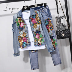 Ingvn - European Style Denim Suit Fashion Outfit Women New Flower Sequined Denim Jacket Short Jacket &amp; Jeans Pants Two-Piece Set Female