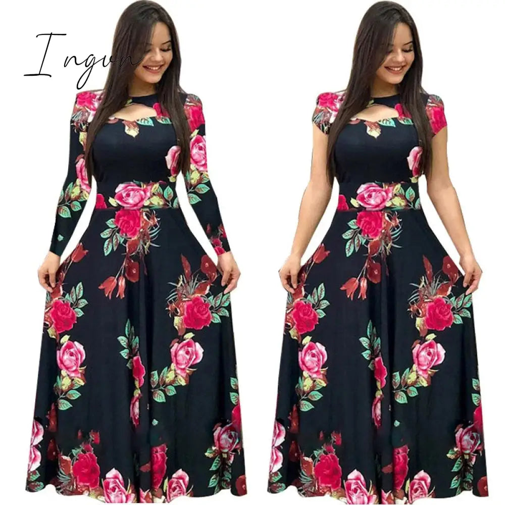 Ingvn - S- 5XL Plus Size Elegant Oversized Tunic Women Dress Bohmia Flower Print Maxi Dresses Fashion Hollow Out Long Vestidos