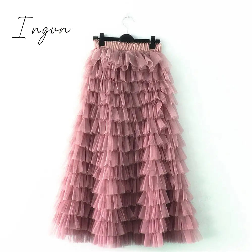 Ingvn - jupe femme Spring Party Skirt Elastic High Waist Long Tulle Skirt Women Multilayer ruffles Pink Mesh Tutu Skirt Ladies