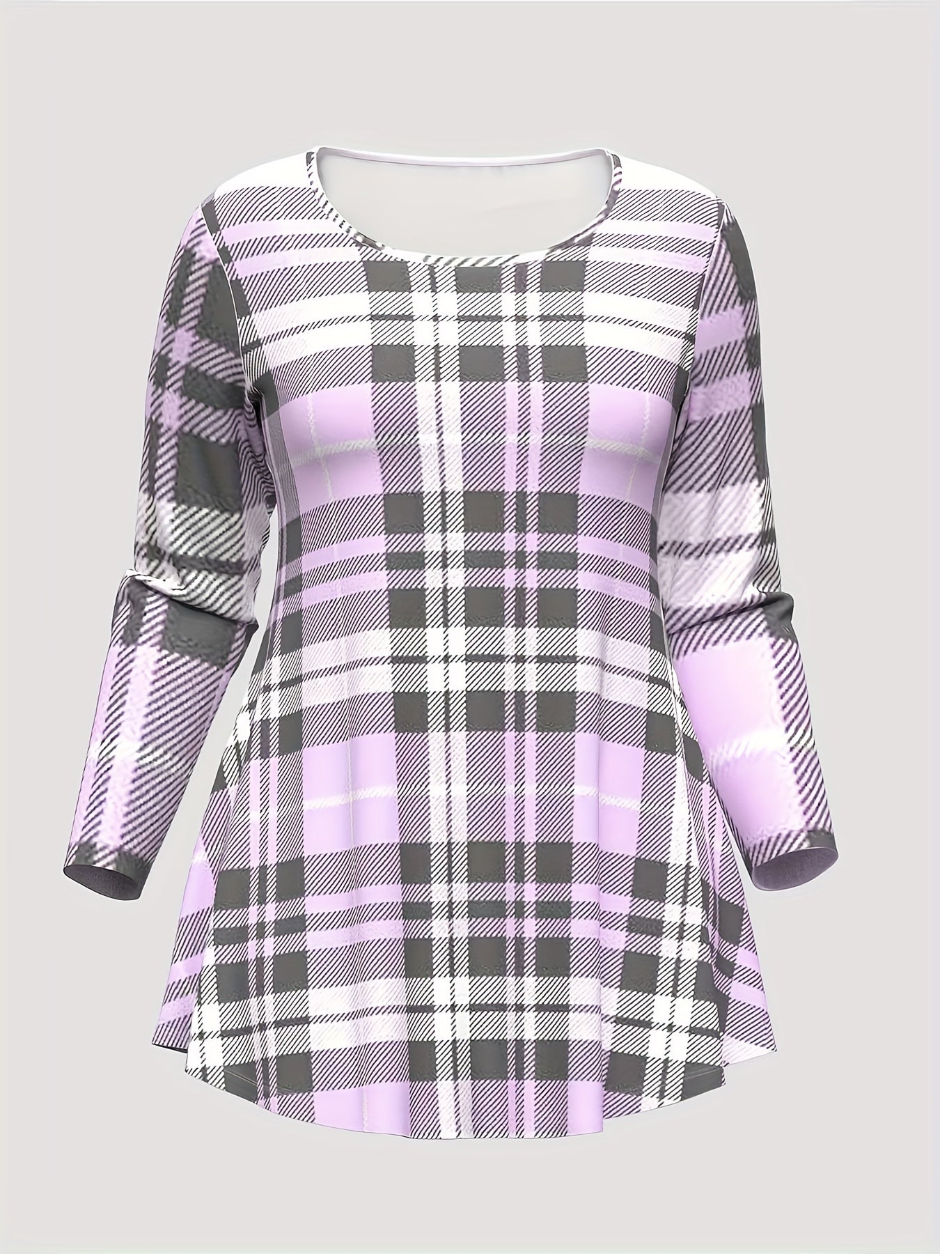 Women's Casual Outfits Set, Plus Size Plaid Print Long Sleeve Round Neck Top & Flared Leg Pants Outfits 2 Piece Set